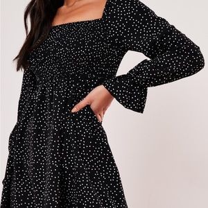MILKMAID SHIRRED MINI DRESS LS POLKA
Black